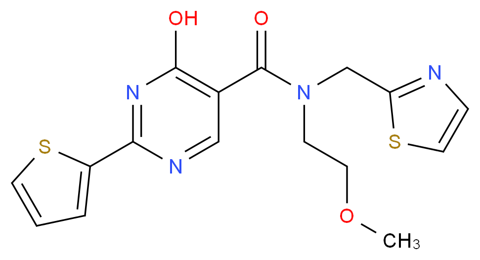 4-hydroxy-N-(2-methoxyethyl)-N-(1,3-thiazol-2-ylmethyl)-2-(2-thienyl)pyrimidine-5-carboxamide_Molecular_structure_CAS_)