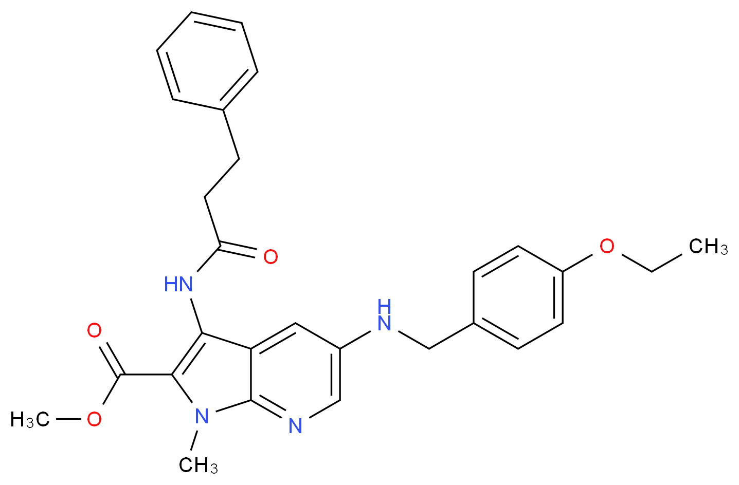 methyl 5-[(4-ethoxybenzyl)amino]-1-methyl-3-[(3-phenylpropanoyl)amino]-1H-pyrrolo[2,3-b]pyridine-2-carboxylate_Molecular_structure_CAS_)