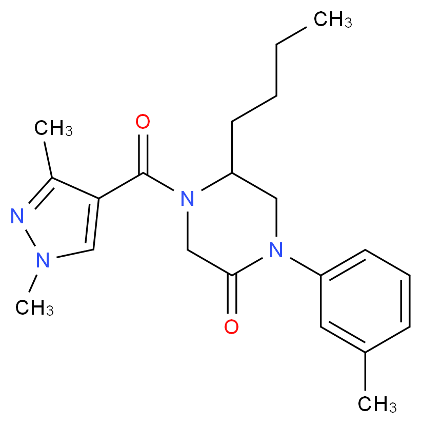 5-butyl-4-[(1,3-dimethyl-1H-pyrazol-4-yl)carbonyl]-1-(3-methylphenyl)-2-piperazinone_Molecular_structure_CAS_)