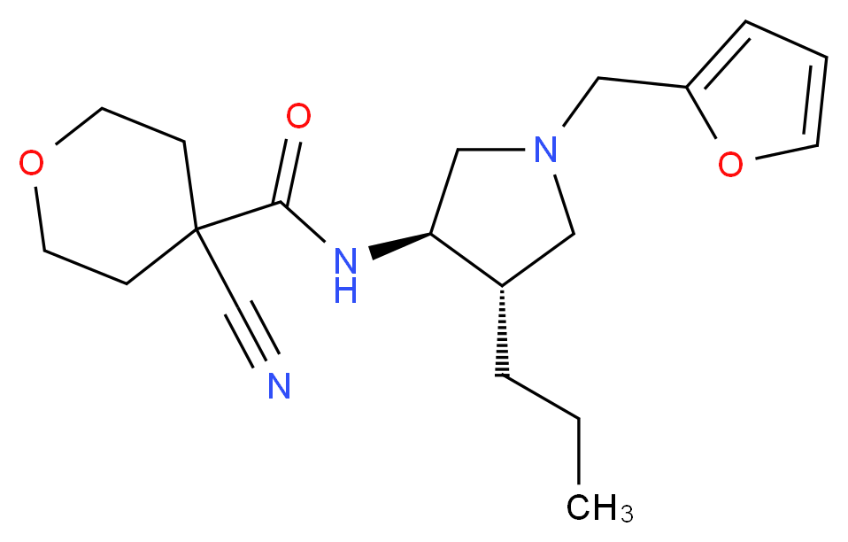 4-cyano-N-[(3R*,4S*)-1-(2-furylmethyl)-4-propyl-3-pyrrolidinyl]tetrahydro-2H-pyran-4-carboxamide_Molecular_structure_CAS_)