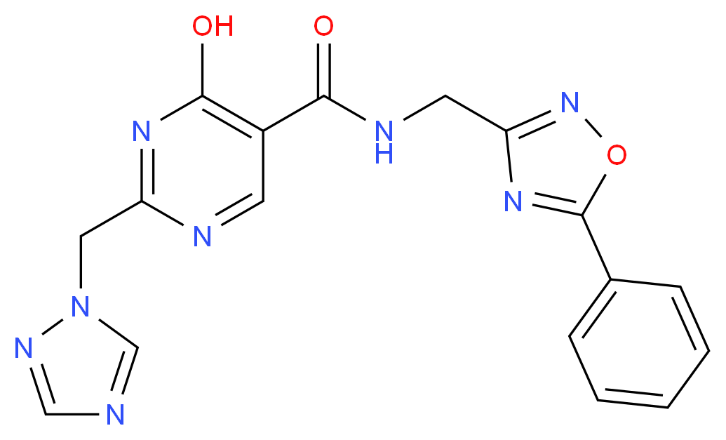 4-hydroxy-N-[(5-phenyl-1,2,4-oxadiazol-3-yl)methyl]-2-(1H-1,2,4-triazol-1-ylmethyl)pyrimidine-5-carboxamide_Molecular_structure_CAS_)