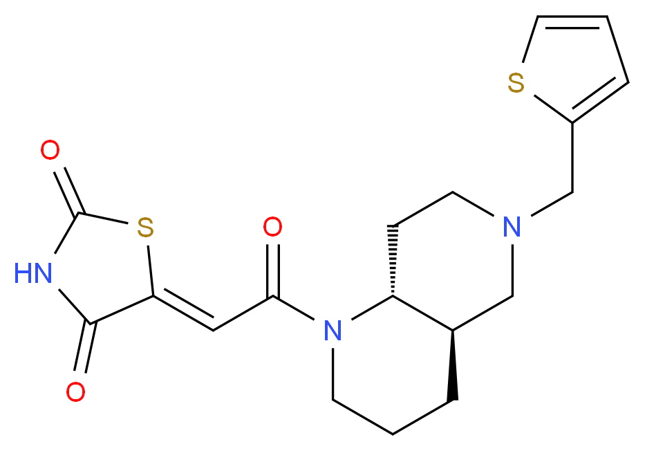 (5Z)-5-{2-oxo-2-[(4aR*,8aR*)-6-(2-thienylmethyl)octahydro-1,6-naphthyridin-1(2H)-yl]ethylidene}-1,3-thiazolidine-2,4-dione_Molecular_structure_CAS_)