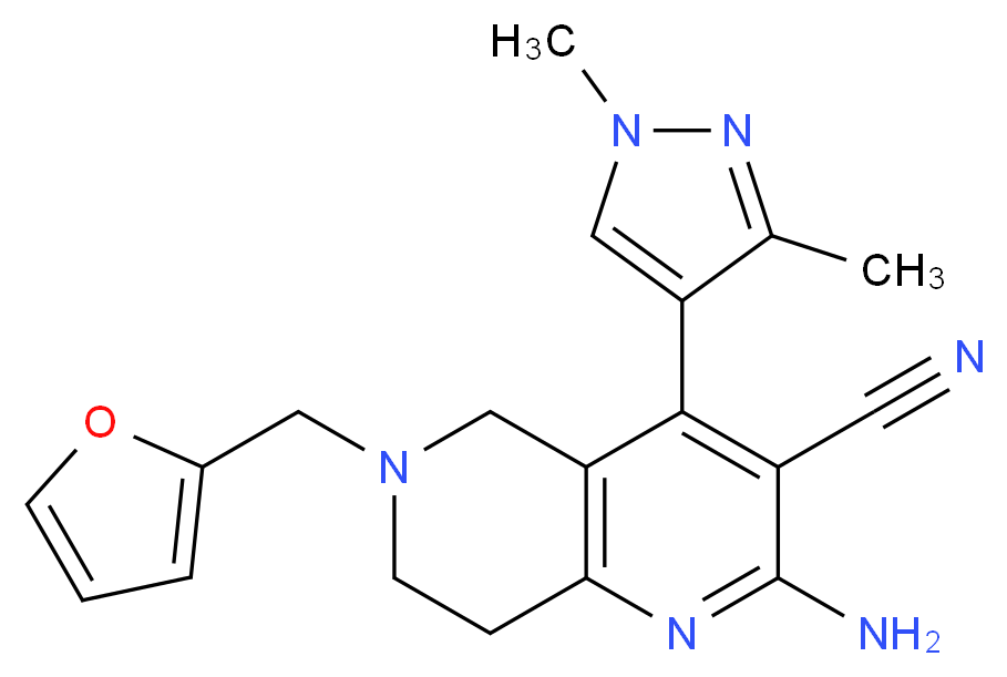 2-amino-4-(1,3-dimethyl-1H-pyrazol-4-yl)-6-(2-furylmethyl)-5,6,7,8-tetrahydro-1,6-naphthyridine-3-carbonitrile_Molecular_structure_CAS_)