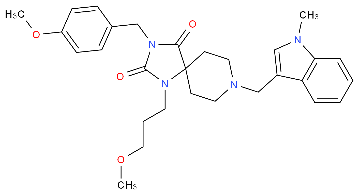 3-(4-methoxybenzyl)-1-(3-methoxypropyl)-8-[(1-methyl-1H-indol-3-yl)methyl]-1,3,8-triazaspiro[4.5]decane-2,4-dione_Molecular_structure_CAS_)