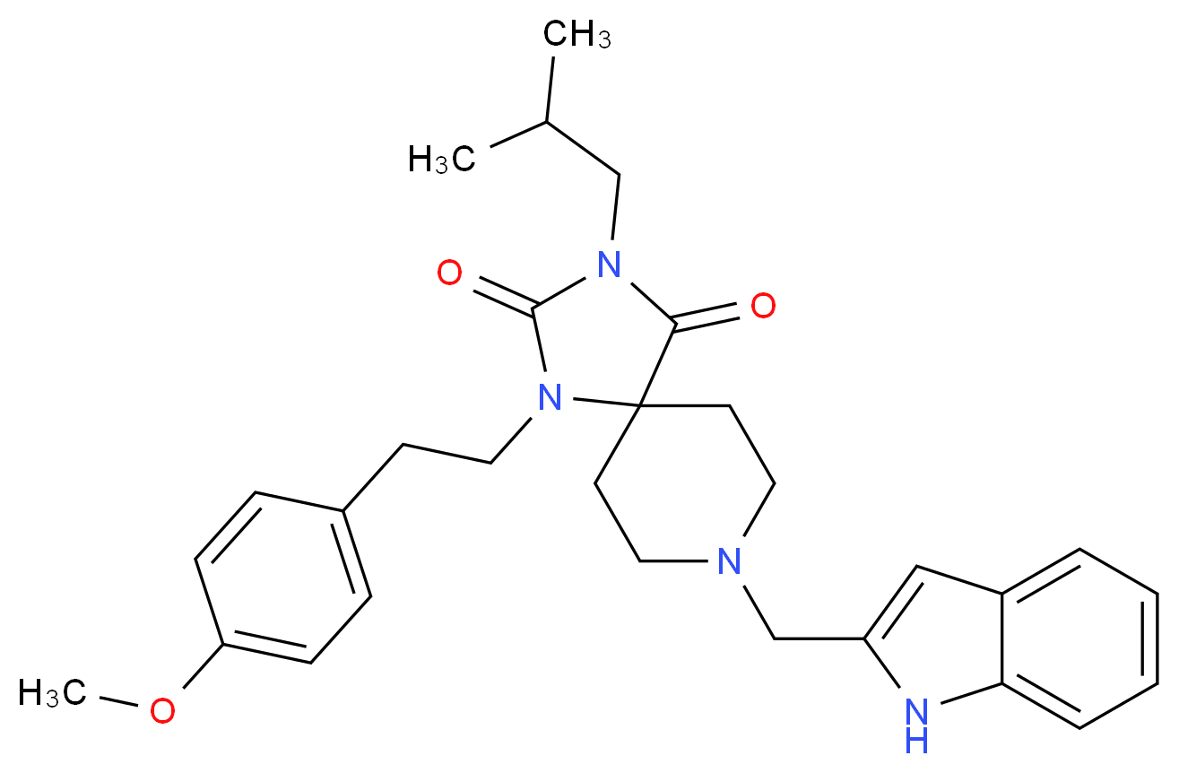 8-(1H-indol-2-ylmethyl)-3-isobutyl-1-[2-(4-methoxyphenyl)ethyl]-1,3,8-triazaspiro[4.5]decane-2,4-dione_Molecular_structure_CAS_)