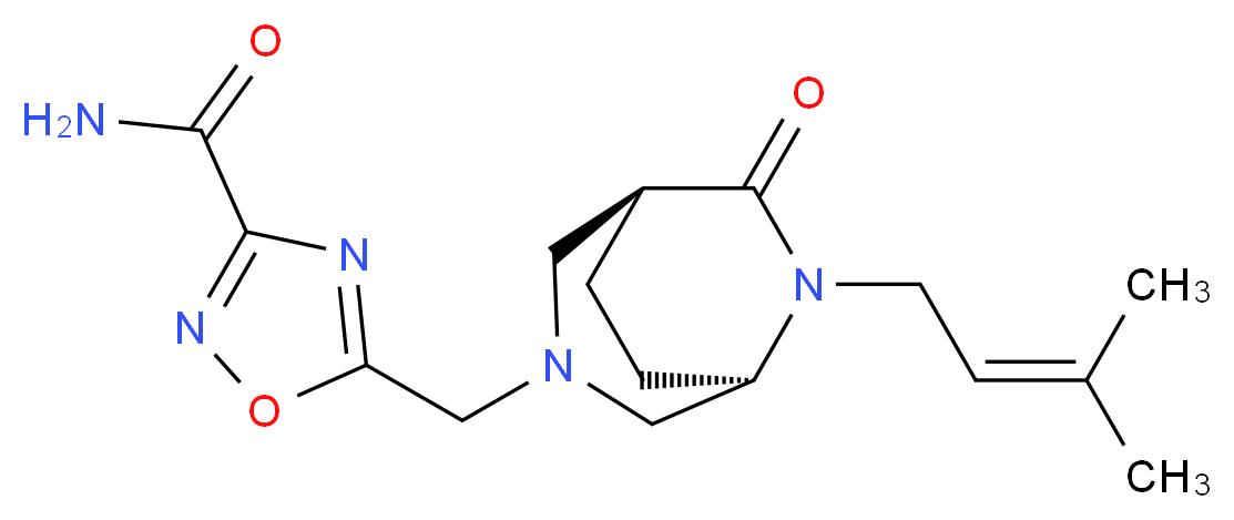 5-{[(1S*,5R*)-6-(3-methylbut-2-en-1-yl)-7-oxo-3,6-diazabicyclo[3.2.2]non-3-yl]methyl}-1,2,4-oxadiazole-3-carboxamide_Molecular_structure_CAS_)