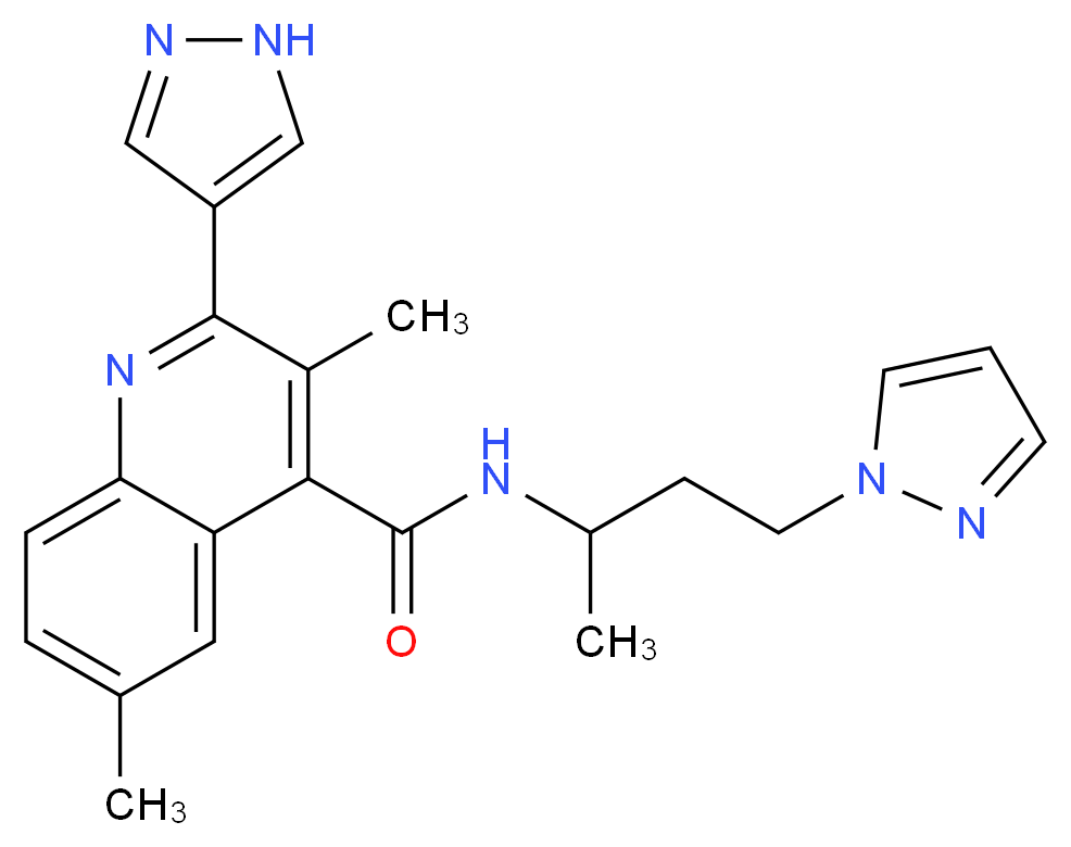 3,6-dimethyl-N-[1-methyl-3-(1H-pyrazol-1-yl)propyl]-2-(1H-pyrazol-4-yl)quinoline-4-carboxamide_Molecular_structure_CAS_)