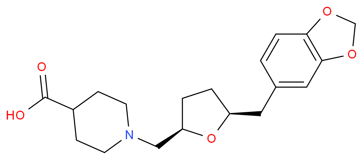 1-{[(2R*,5S*)-5-(1,3-benzodioxol-5-ylmethyl)tetrahydrofuran-2-yl]methyl}piperidine-4-carboxylic acid_Molecular_structure_CAS_)