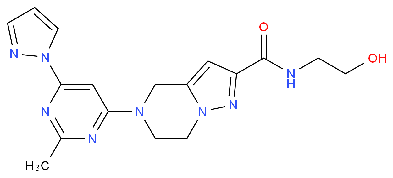 N-(2-hydroxyethyl)-5-[2-methyl-6-(1H-pyrazol-1-yl)pyrimidin-4-yl]-4,5,6,7-tetrahydropyrazolo[1,5-a]pyrazine-2-carboxamide_Molecular_structure_CAS_)