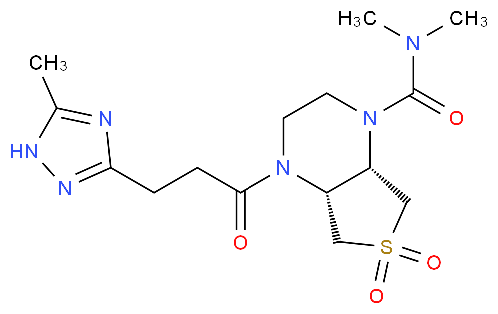 (4aR*,7aS*)-N,N-dimethyl-4-[3-(5-methyl-1H-1,2,4-triazol-3-yl)propanoyl]hexahydrothieno[3,4-b]pyrazine-1(2H)-carboxamide 6,6-dioxide_Molecular_structure_CAS_)
