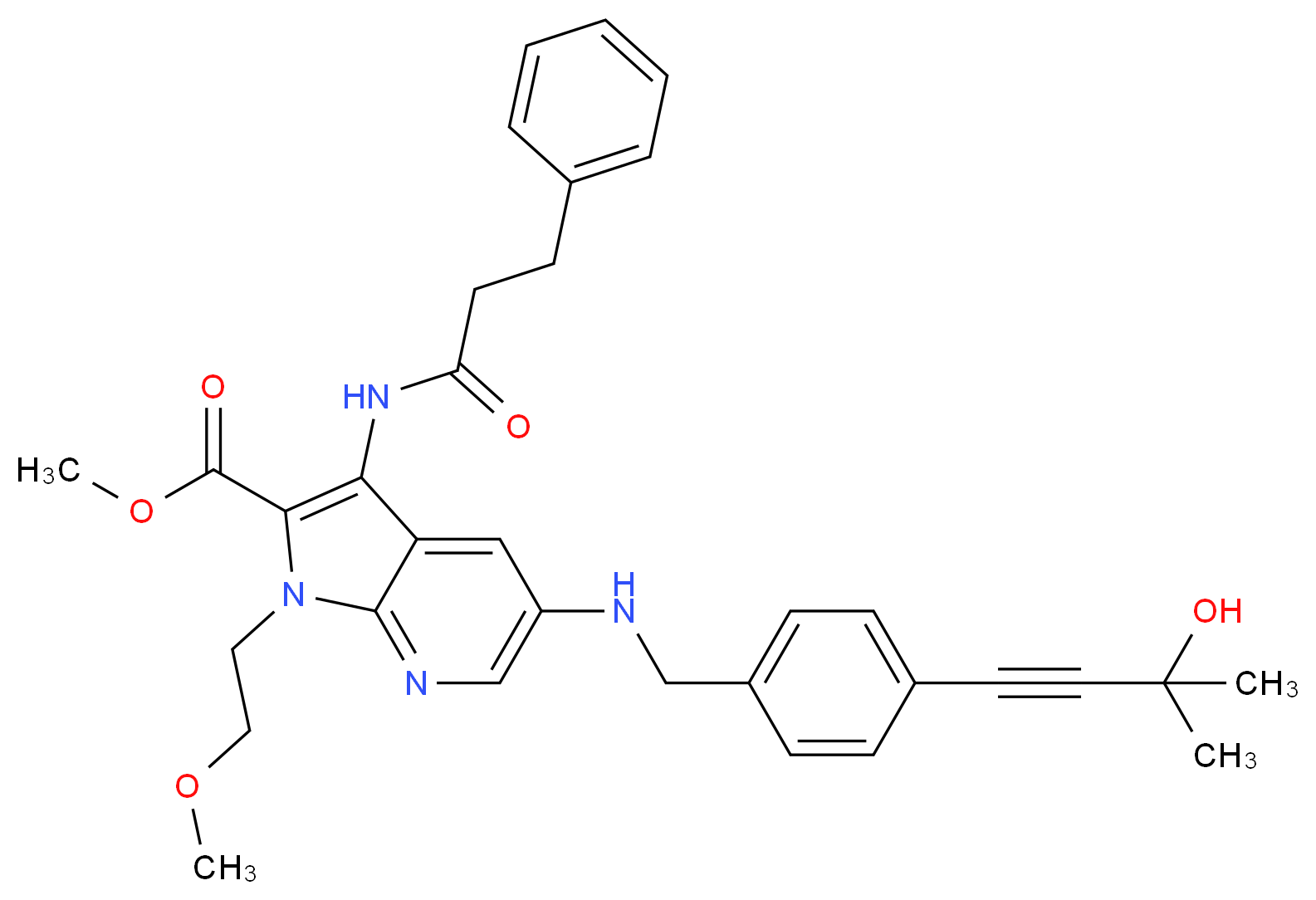methyl 5-{[4-(3-hydroxy-3-methyl-1-butyn-1-yl)benzyl]amino}-1-(2-methoxyethyl)-3-[(3-phenylpropanoyl)amino]-1H-pyrrolo[2,3-b]pyridine-2-carboxylate_Molecular_structure_CAS_)