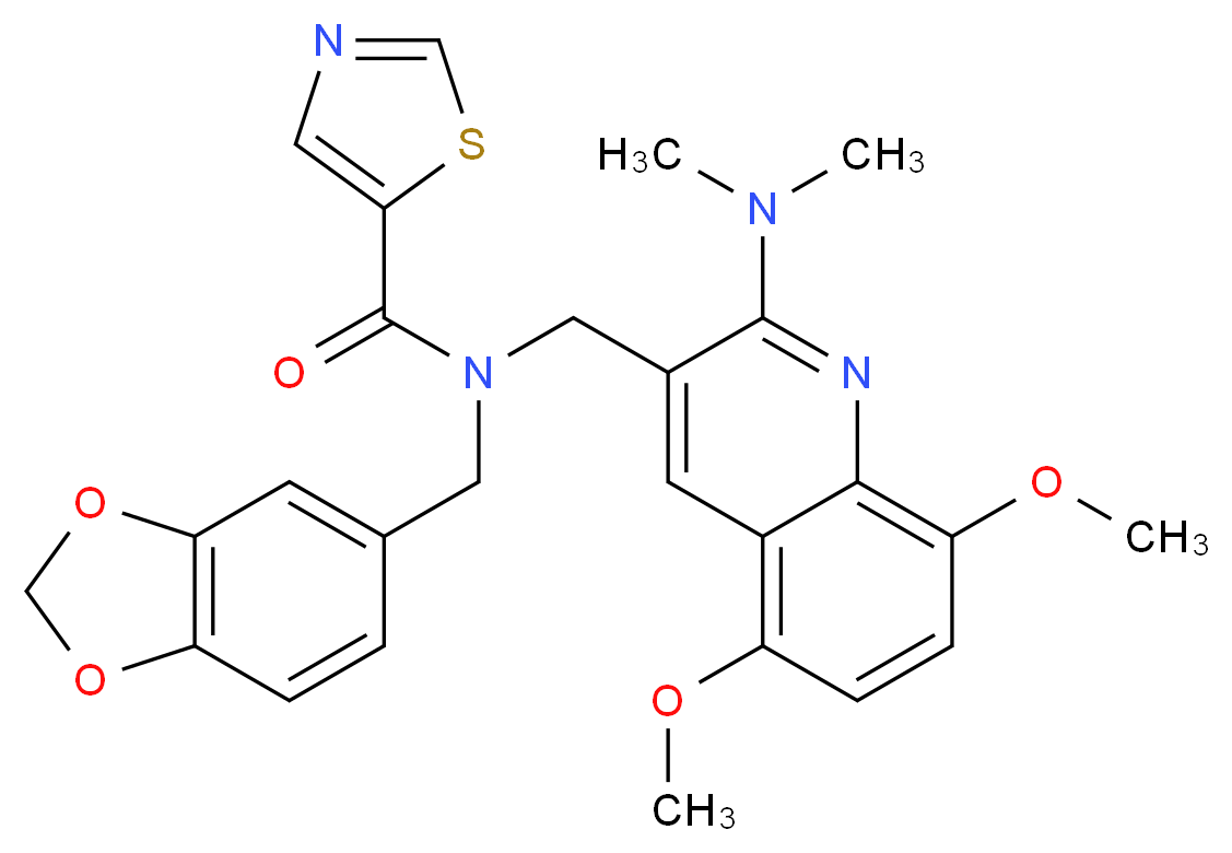N-(1,3-benzodioxol-5-ylmethyl)-N-{[2-(dimethylamino)-5,8-dimethoxy-3-quinolinyl]methyl}-1,3-thiazole-5-carboxamide_Molecular_structure_CAS_)