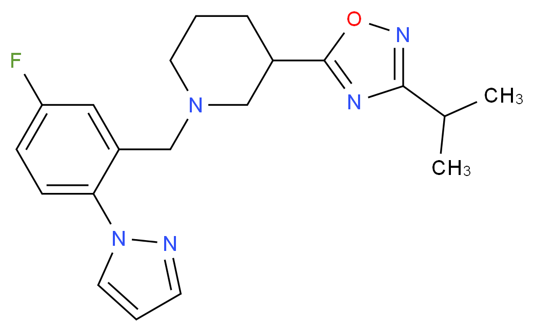 1-[5-fluoro-2-(1H-pyrazol-1-yl)benzyl]-3-(3-isopropyl-1,2,4-oxadiazol-5-yl)piperidine_Molecular_structure_CAS_)