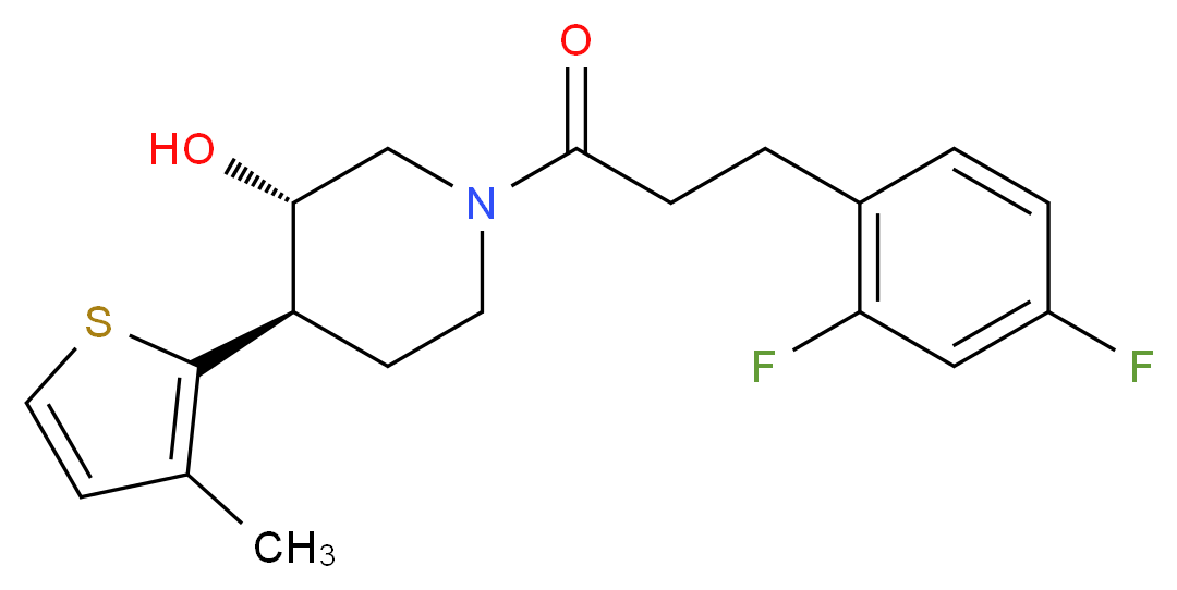 (3S*,4R*)-1-[3-(2,4-difluorophenyl)propanoyl]-4-(3-methyl-2-thienyl)piperidin-3-ol_Molecular_structure_CAS_)