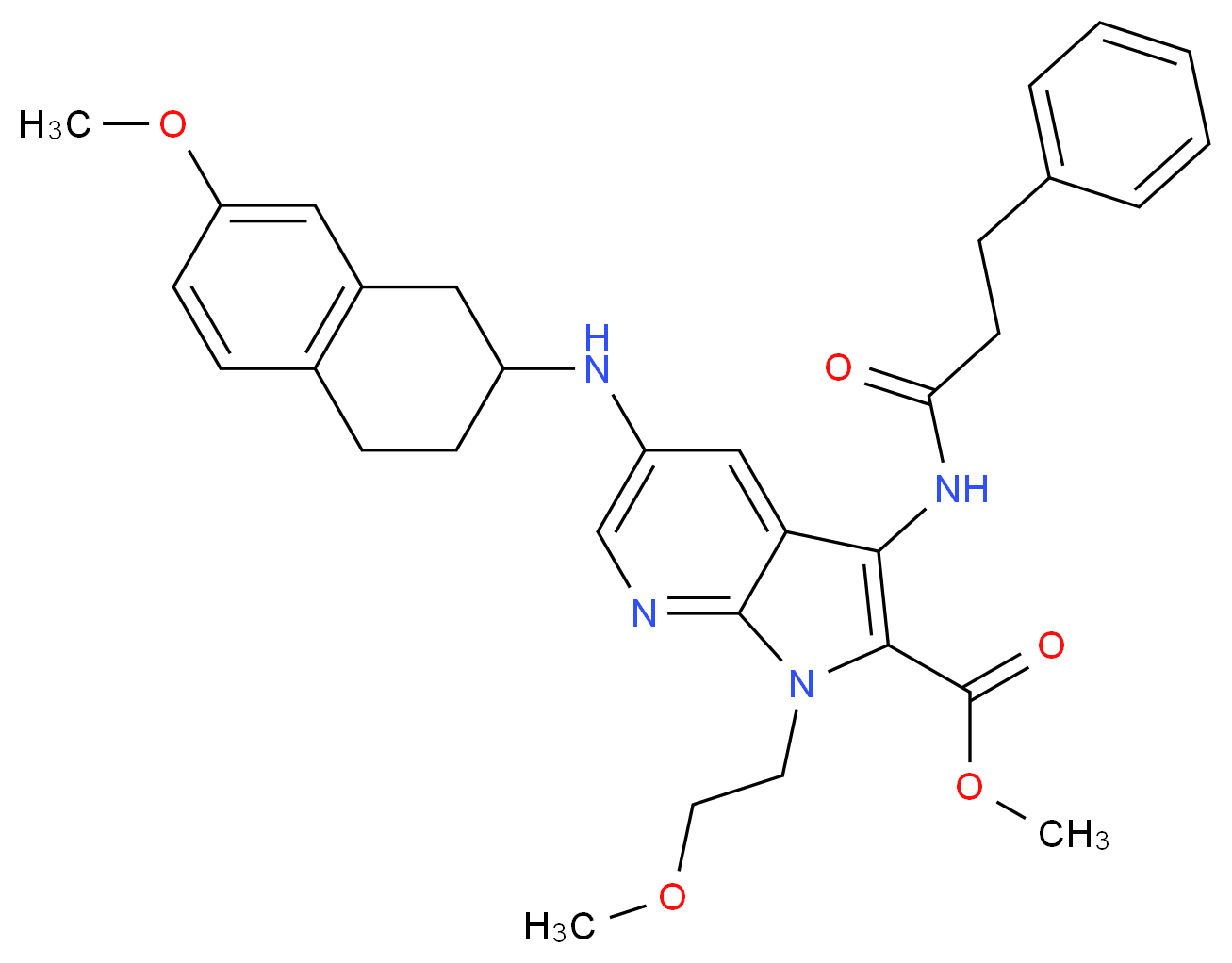 methyl 1-(2-methoxyethyl)-5-[(7-methoxy-1,2,3,4-tetrahydro-2-naphthalenyl)amino]-3-[(3-phenylpropanoyl)amino]-1H-pyrrolo[2,3-b]pyridine-2-carboxylate_Molecular_structure_CAS_)