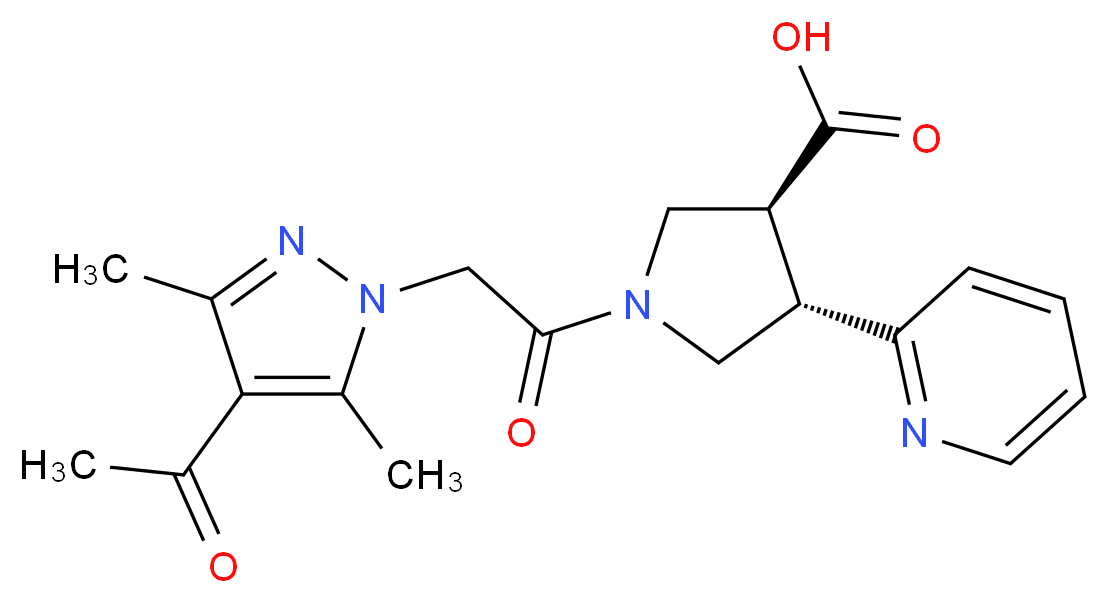 (3S*,4S*)-1-[(4-acetyl-3,5-dimethyl-1H-pyrazol-1-yl)acetyl]-4-pyridin-2-ylpyrrolidine-3-carboxylic acid_Molecular_structure_CAS_)