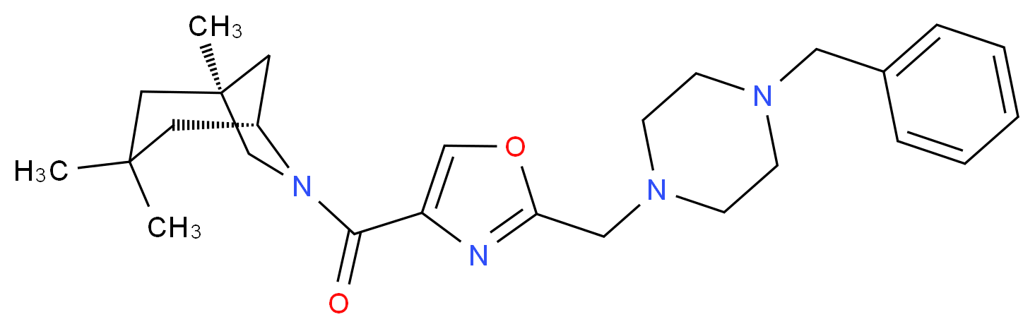 (1S*,5R*)-6-({2-[(4-benzyl-1-piperazinyl)methyl]-1,3-oxazol-4-yl}carbonyl)-1,3,3-trimethyl-6-azabicyclo[3.2.1]octane_Molecular_structure_CAS_)