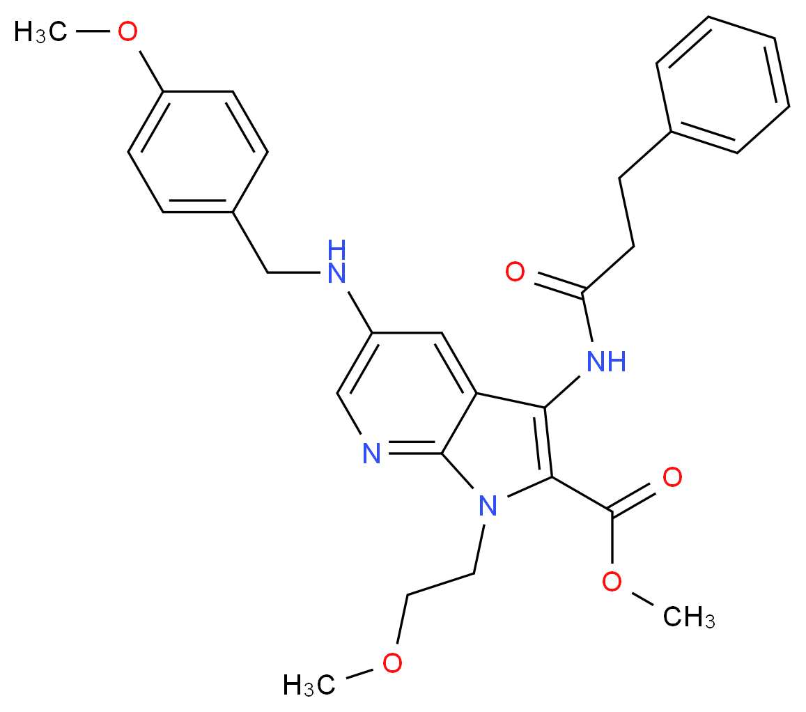 methyl 5-[(4-methoxybenzyl)amino]-1-(2-methoxyethyl)-3-[(3-phenylpropanoyl)amino]-1H-pyrrolo[2,3-b]pyridine-2-carboxylate_Molecular_structure_CAS_)