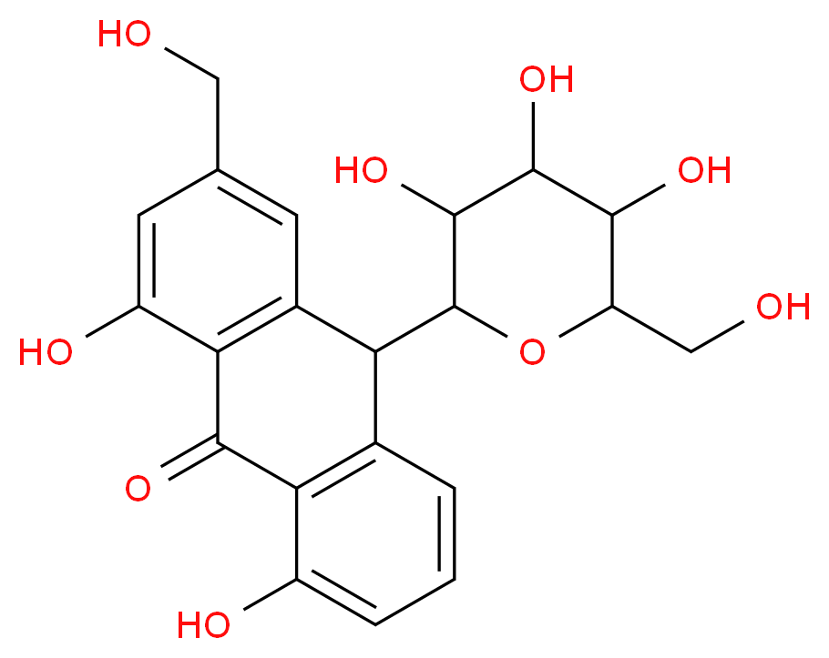 1,8-dihydroxy-3-(hydroxymethyl)-10-(3,4,5-trihydroxy-6-(hydroxymethyl)tetrahydro-2H-pyran-2-yl)anthracen-9(10H)-one_Molecular_structure_CAS_)