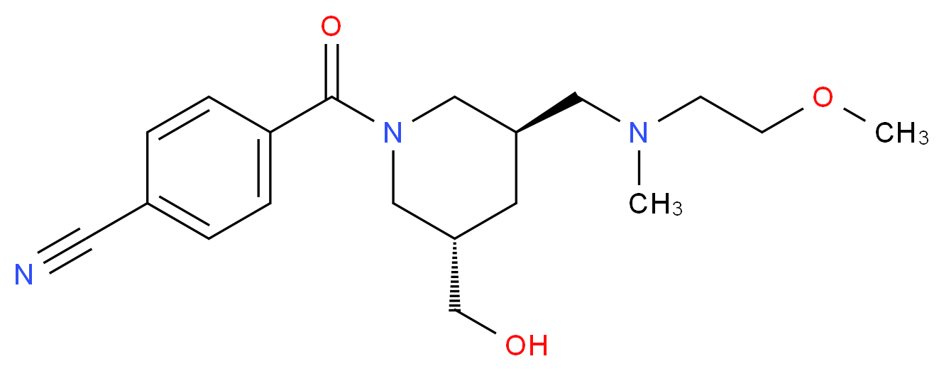 4-[((3S*,5R*)-3-(hydroxymethyl)-5-{[(2-methoxyethyl)(methyl)amino]methyl}-1-piperidinyl)carbonyl]benzonitrile_Molecular_structure_CAS_)