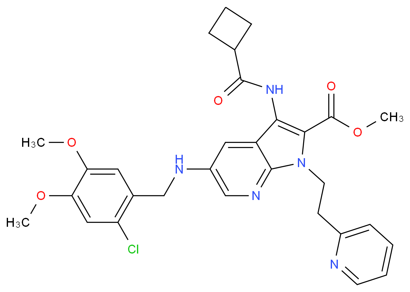 methyl 5-[(2-chloro-4,5-dimethoxybenzyl)amino]-3-[(cyclobutylcarbonyl)amino]-1-[2-(2-pyridinyl)ethyl]-1H-pyrrolo[2,3-b]pyridine-2-carboxylate_Molecular_structure_CAS_)