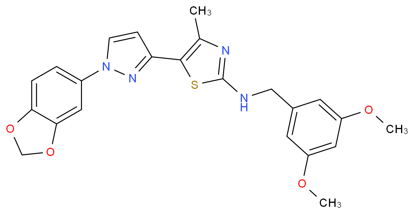 5-[1-(1,3-benzodioxol-5-yl)-1H-pyrazol-3-yl]-N-(3,5-dimethoxybenzyl)-4-methyl-1,3-thiazol-2-amine_Molecular_structure_CAS_)