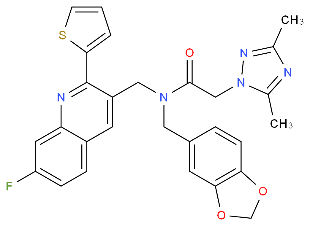 N-(1,3-benzodioxol-5-ylmethyl)-2-(3,5-dimethyl-1H-1,2,4-triazol-1-yl)-N-{[7-fluoro-2-(2-thienyl)-3-quinolinyl]methyl}acetamide_Molecular_structure_CAS_)