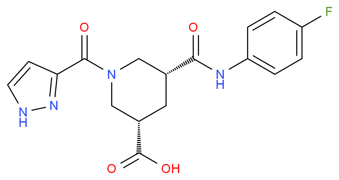 (3S*,5R*)-5-{[(4-fluorophenyl)amino]carbonyl}-1-(1H-pyrazol-3-ylcarbonyl)-3-piperidinecarboxylic acid_Molecular_structure_CAS_)