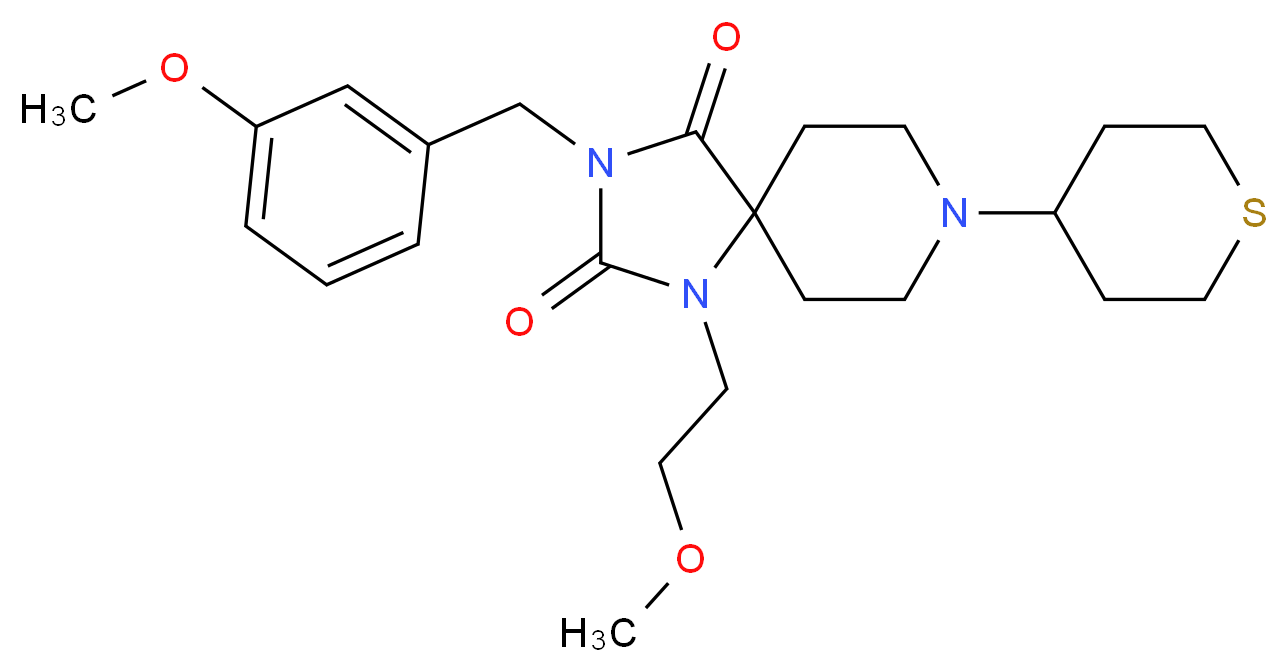 3-(3-methoxybenzyl)-1-(2-methoxyethyl)-8-(tetrahydro-2H-thiopyran-4-yl)-1,3,8-triazaspiro[4.5]decane-2,4-dione_Molecular_structure_CAS_)