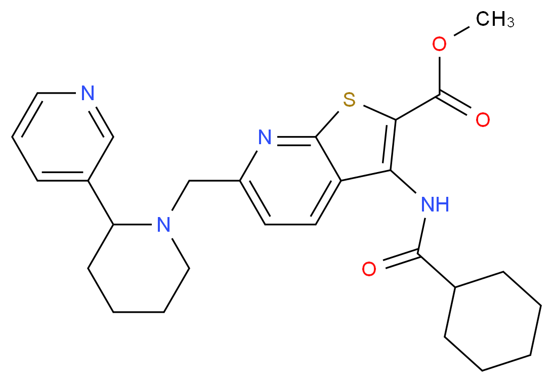 methyl 3-[(cyclohexylcarbonyl)amino]-6-{[2-(3-pyridinyl)-1-piperidinyl]methyl}thieno[2,3-b]pyridine-2-carboxylate_Molecular_structure_CAS_)