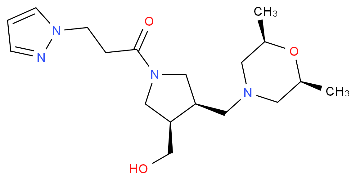 {(3R*,4R*)-4-{[(2R*,6S*)-2,6-dimethylmorpholin-4-yl]methyl}-1-[3-(1H-pyrazol-1-yl)propanoyl]pyrrolidin-3-yl}methanol_Molecular_structure_CAS_)