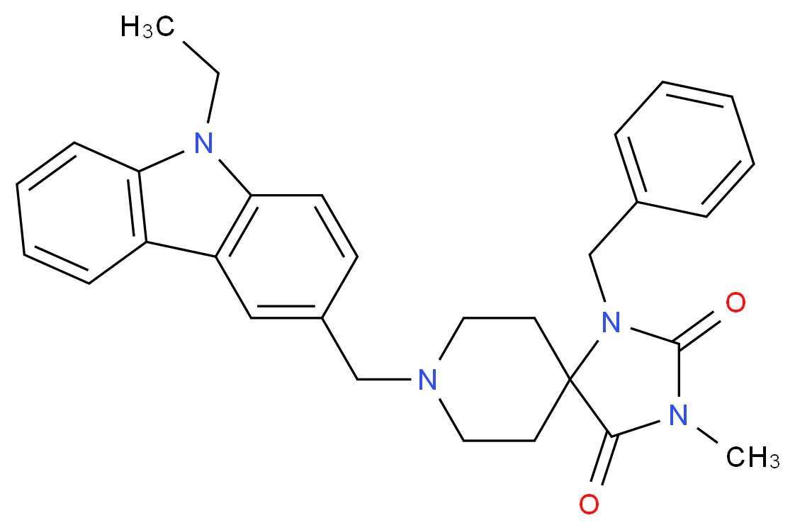1-benzyl-8-[(9-ethyl-9H-carbazol-3-yl)methyl]-3-methyl-1,3,8-triazaspiro[4.5]decane-2,4-dione_Molecular_structure_CAS_)