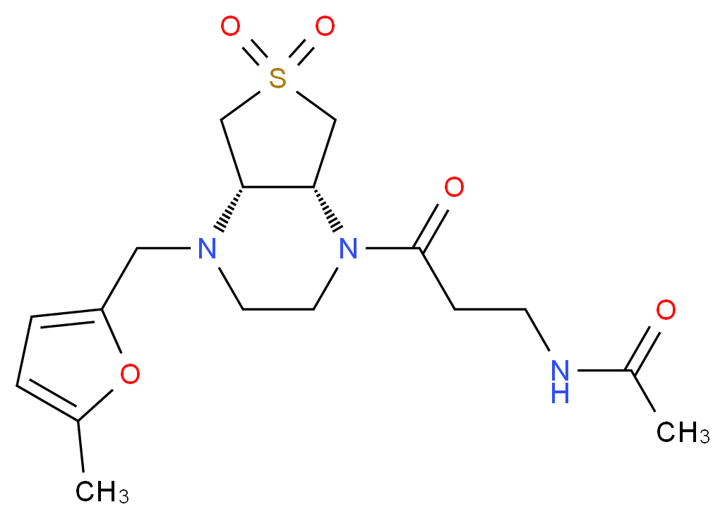 N-{3-[(4aS*,7aR*)-4-[(5-methyl-2-furyl)methyl]-6,6-dioxidohexahydrothieno[3,4-b]pyrazin-1(2H)-yl]-3-oxopropyl}acetamide (non-preferred name)_Molecular_structure_CAS_)