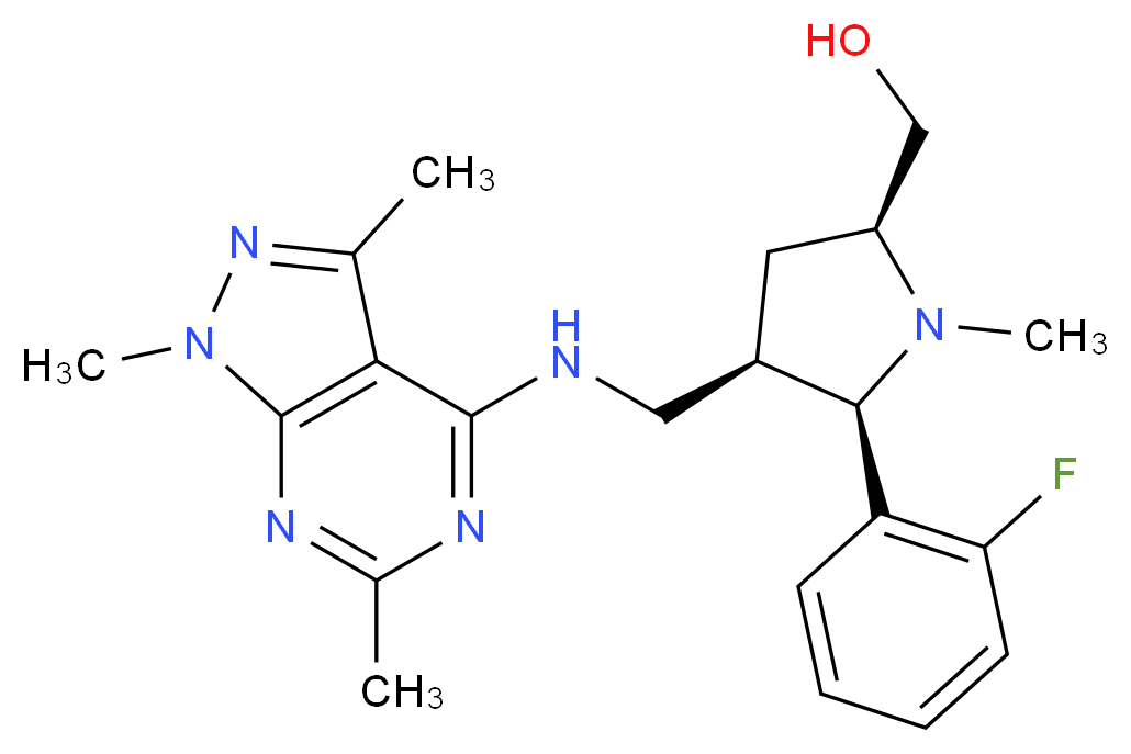 ((2S*,4R*,5R*)-5-(2-fluorophenyl)-1-methyl-4-{[(1,3,6-trimethyl-1H-pyrazolo[3,4-d]pyrimidin-4-yl)amino]methyl}-2-pyrrolidinyl)methanol_Molecular_structure_CAS_)