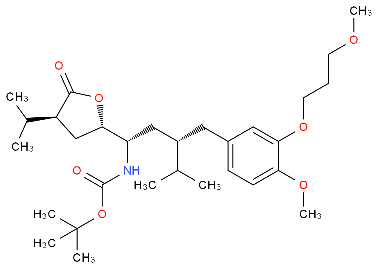 [(1S,3S)-3-[[4-Methoxy-3-(3-methoxypropoxy)phenyl]methyl]-4-methyl-1-[(2S, 4S)-tetrahydro-4-(1-methylethyl)-5-oxo-2-furanyl]pentyl]carbamic Acid 1,1-tert-Butyl Ester_Molecular_structure_CAS_866030-35-5)