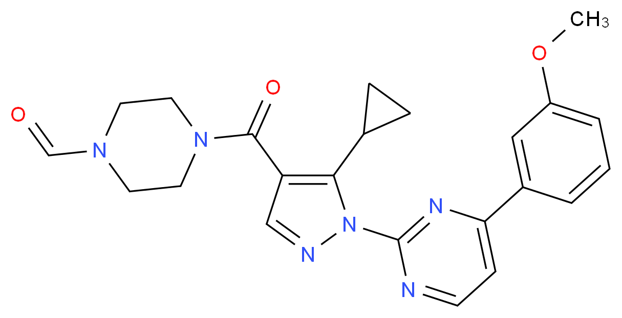 4-({5-cyclopropyl-1-[4-(3-methoxyphenyl)-2-pyrimidinyl]-1H-pyrazol-4-yl}carbonyl)-1-piperazinecarbaldehyde_Molecular_structure_CAS_)