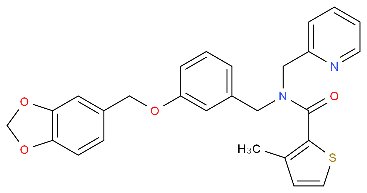 N-[3-(1,3-benzodioxol-5-ylmethoxy)benzyl]-3-methyl-N-(2-pyridinylmethyl)-2-thiophenecarboxamide_Molecular_structure_CAS_)