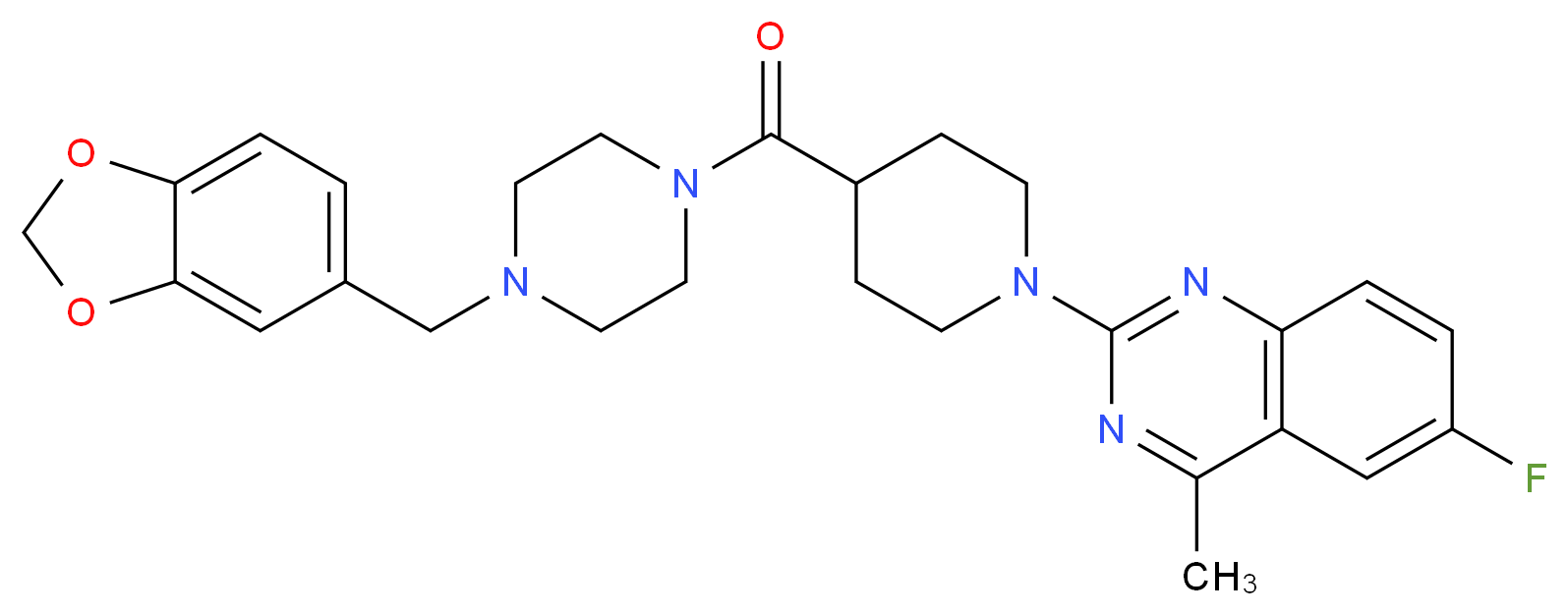 2-(4-{[4-(1,3-benzodioxol-5-ylmethyl)-1-piperazinyl]carbonyl}-1-piperidinyl)-6-fluoro-4-methylquinazoline_Molecular_structure_CAS_)