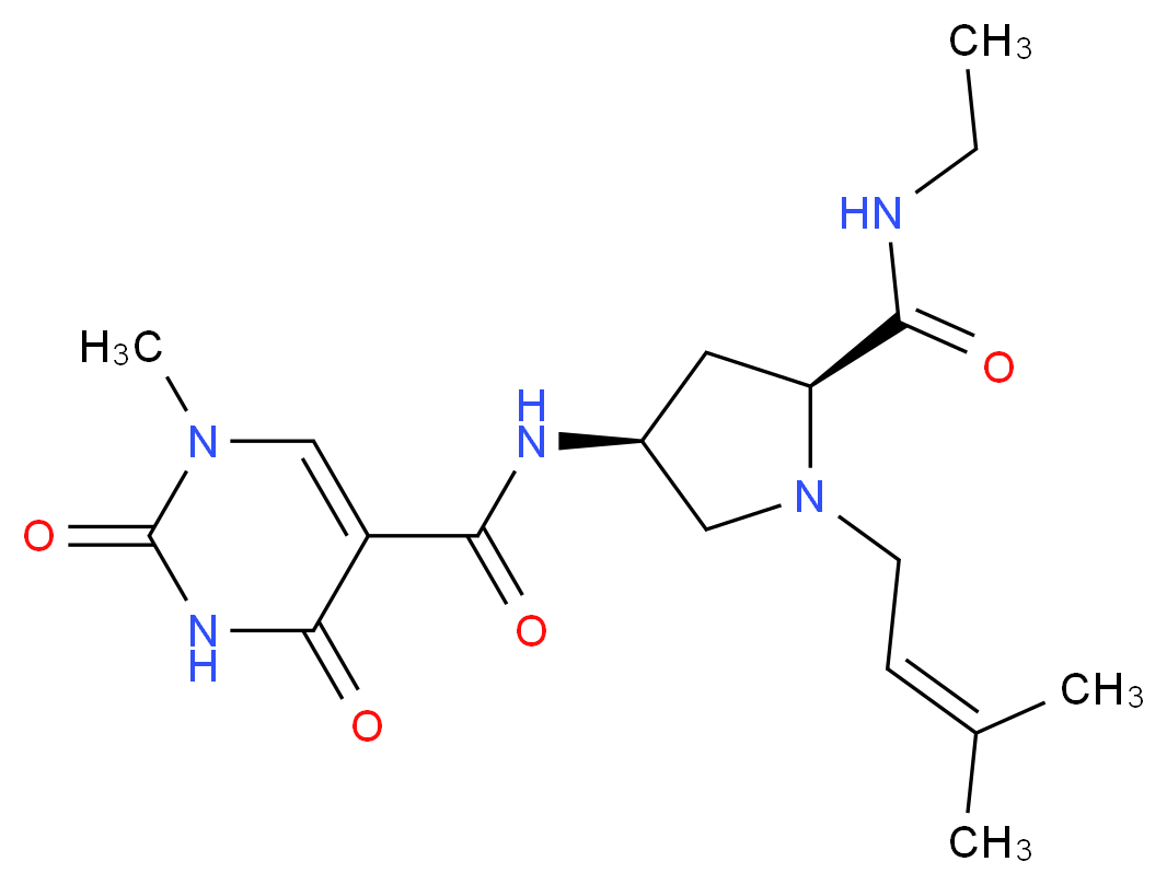 N-[(3S,5S)-5-[(ethylamino)carbonyl]-1-(3-methylbut-2-en-1-yl)pyrrolidin-3-yl]-1-methyl-2,4-dioxo-1,2,3,4-tetrahydropyrimidine-5-carboxamide (non-preferred name)_Molecular_structure_CAS_)