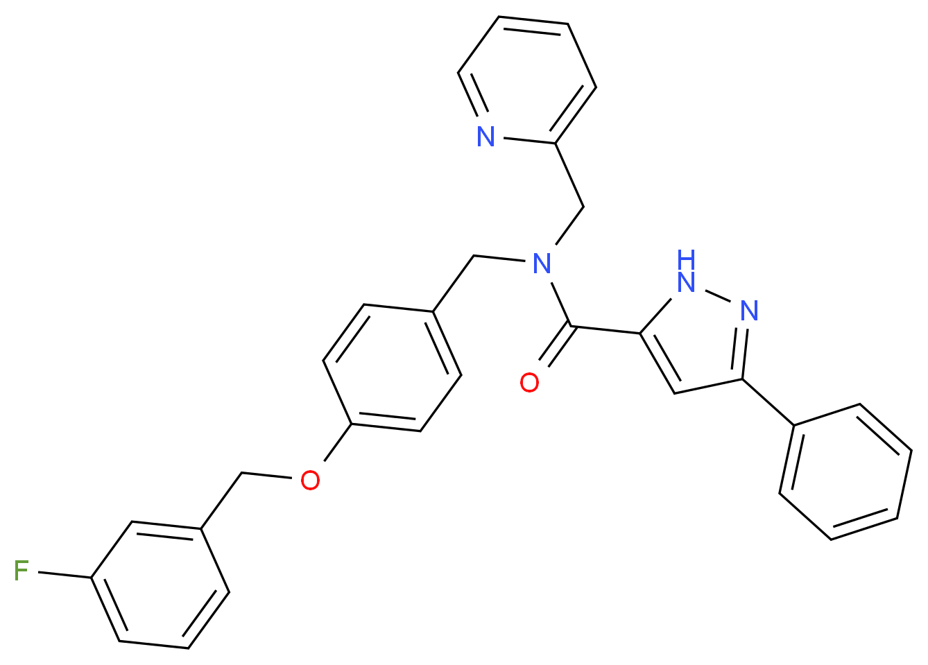 N-{4-[(3-fluorobenzyl)oxy]benzyl}-3-phenyl-N-(2-pyridinylmethyl)-1H-pyrazole-5-carboxamide_Molecular_structure_CAS_)