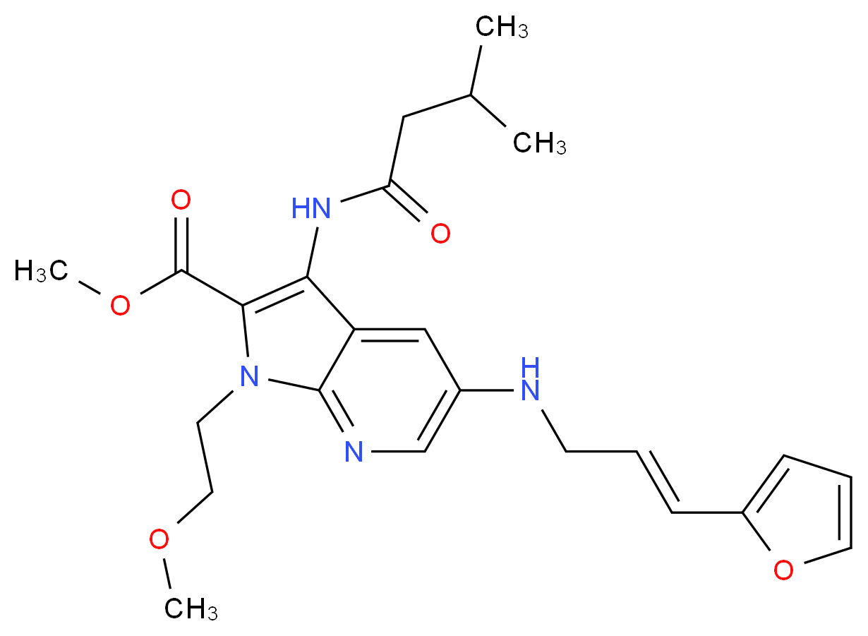 methyl 5-{[(2E)-3-(2-furyl)-2-propen-1-yl]amino}-1-(2-methoxyethyl)-3-[(3-methylbutanoyl)amino]-1H-pyrrolo[2,3-b]pyridine-2-carboxylate_Molecular_structure_CAS_)