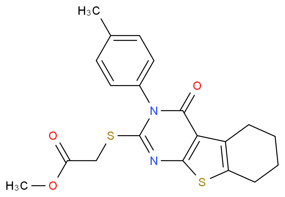 methyl 2-{[4-(4-methylphenyl)-3-oxo-8-thia-4,6-diazatricyclo[7.4.0.0^{2,7}]trideca-1(9),2(7),5-trien-5-yl]sulfanyl}acetate_Molecular_structure_CAS_)