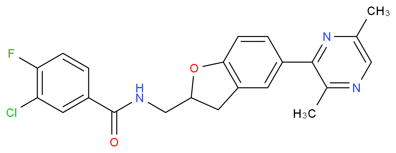 3-chloro-N-{[5-(3,6-dimethyl-2-pyrazinyl)-2,3-dihydro-1-benzofuran-2-yl]methyl}-4-fluorobenzamide_Molecular_structure_CAS_)