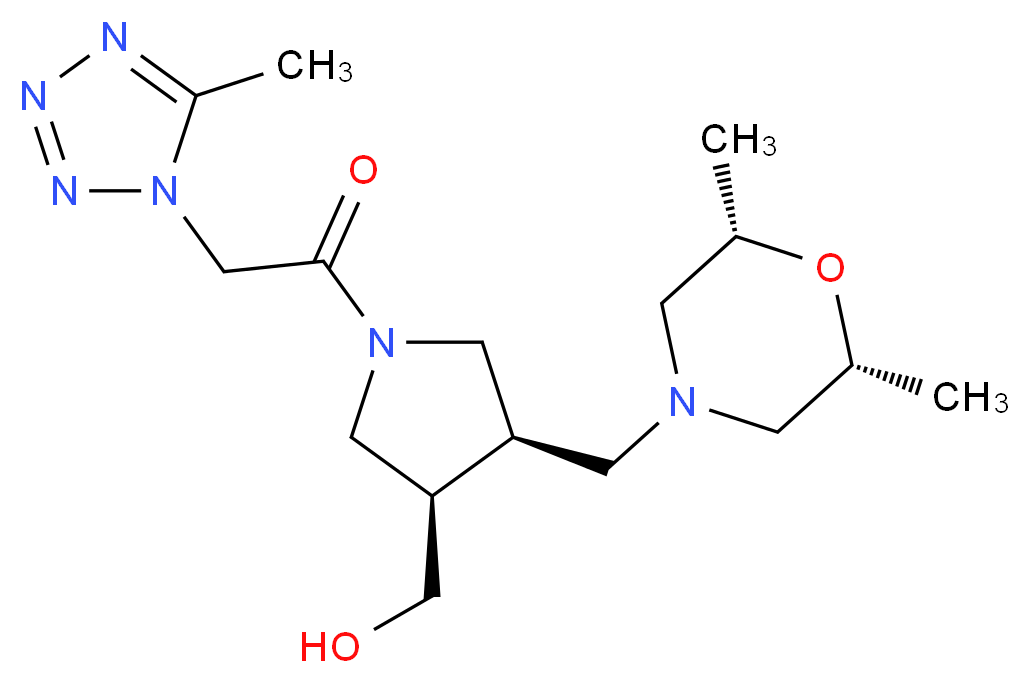 {(3R*,4R*)-4-{[(2R*,6S*)-2,6-dimethylmorpholin-4-yl]methyl}-1-[(5-methyl-1H-tetrazol-1-yl)acetyl]pyrrolidin-3-yl}methanol_Molecular_structure_CAS_)
