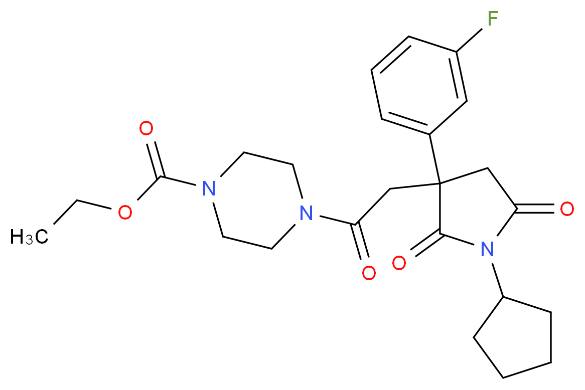 ethyl 4-{[1-cyclopentyl-3-(3-fluorophenyl)-2,5-dioxo-3-pyrrolidinyl]acetyl}-1-piperazinecarboxylate_Molecular_structure_CAS_)