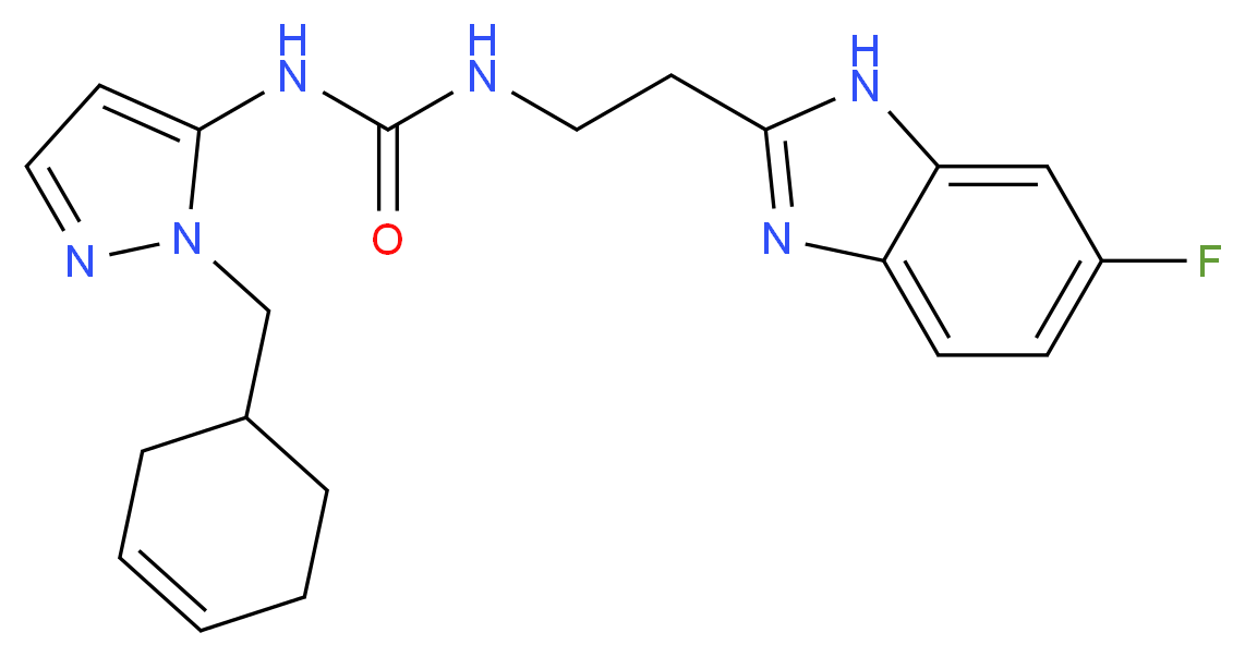 N-[1-(cyclohex-3-en-1-ylmethyl)-1H-pyrazol-5-yl]-N'-[2-(6-fluoro-1H-benzimidazol-2-yl)ethyl]urea_Molecular_structure_CAS_)
