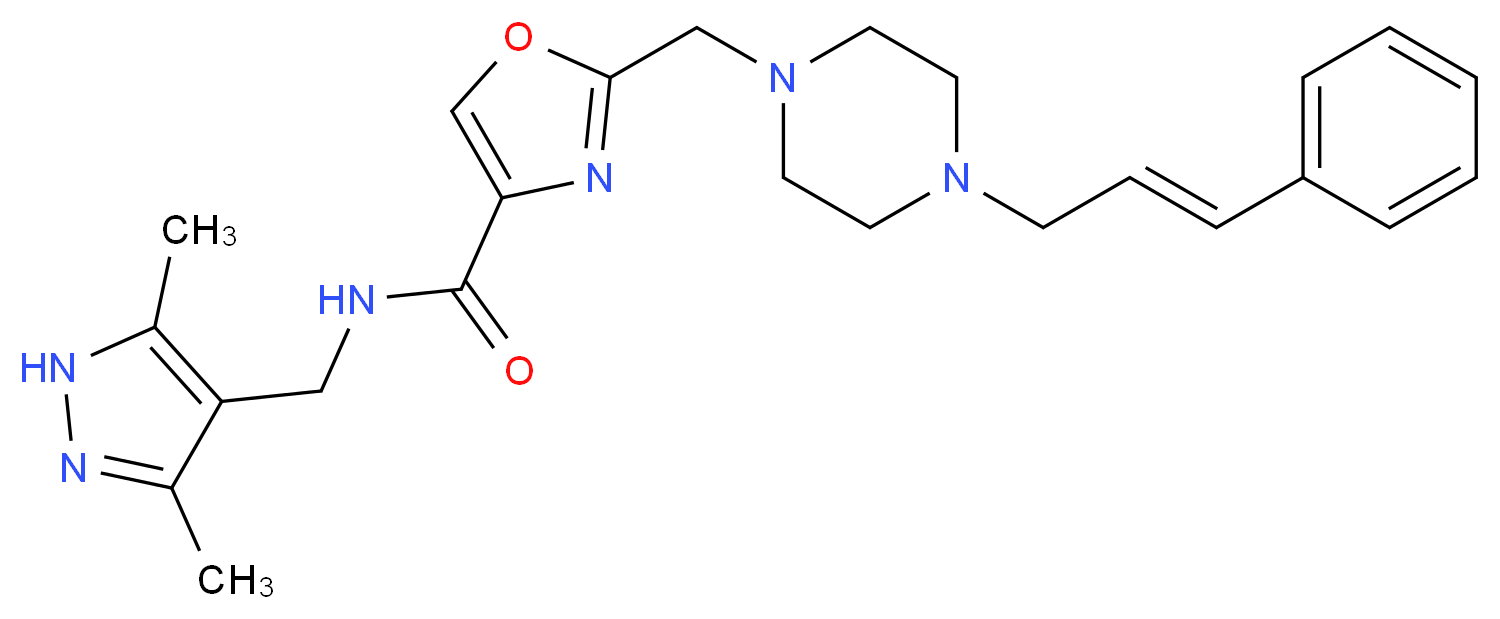 N-[(3,5-dimethyl-1H-pyrazol-4-yl)methyl]-2-({4-[(2E)-3-phenyl-2-propen-1-yl]-1-piperazinyl}methyl)-1,3-oxazole-4-carboxamide_Molecular_structure_CAS_)