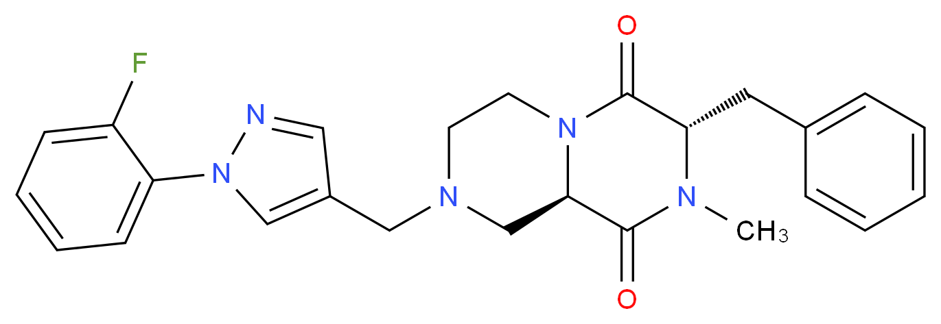 (3S,9aR)-3-benzyl-8-{[1-(2-fluorophenyl)-1H-pyrazol-4-yl]methyl}-2-methyltetrahydro-2H-pyrazino[1,2-a]pyrazine-1,4(3H,6H)-dione_Molecular_structure_CAS_)