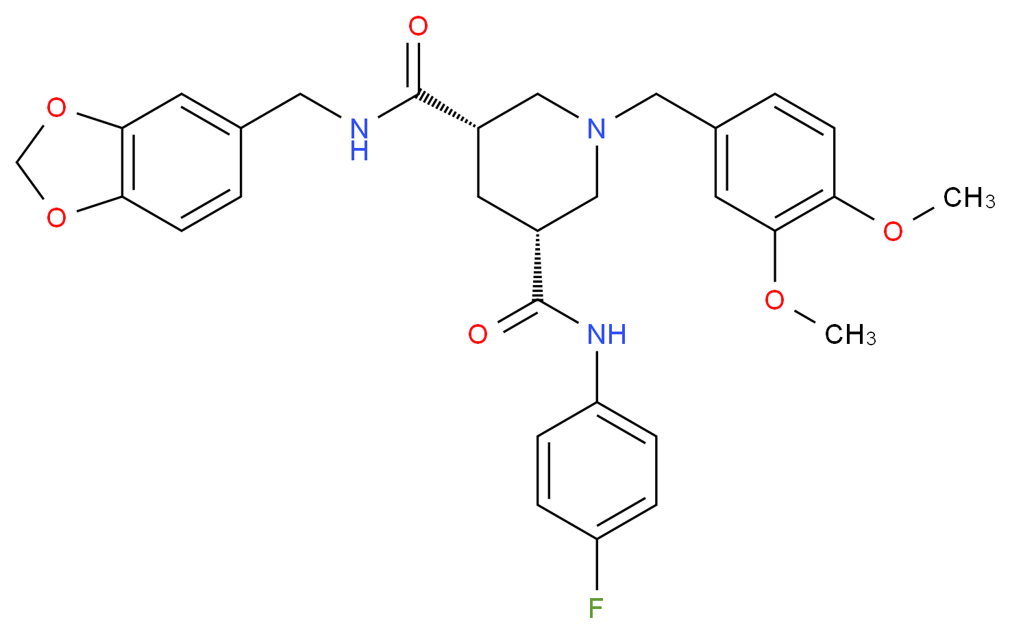 (3S,5R)-N-(1,3-benzodioxol-5-ylmethyl)-1-(3,4-dimethoxybenzyl)-N'-(4-fluorophenyl)-3,5-piperidinedicarboxamide_Molecular_structure_CAS_)