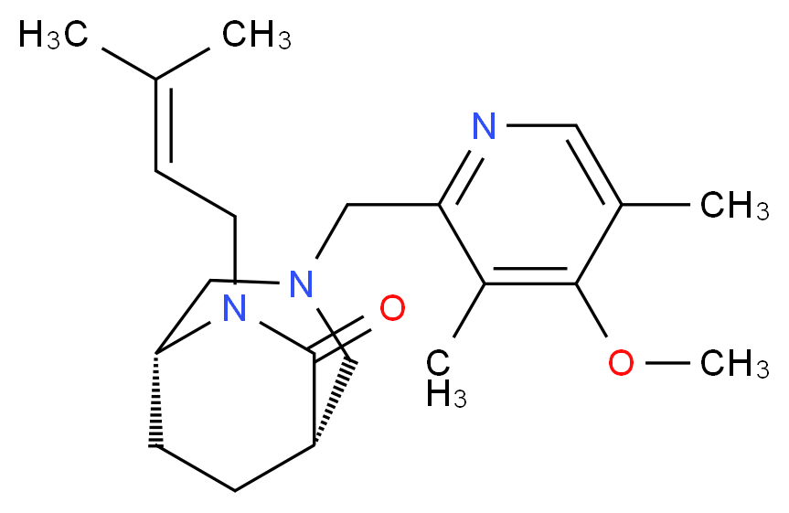 (1S*,5R*)-3-[(4-methoxy-3,5-dimethylpyridin-2-yl)methyl]-6-(3-methylbut-2-en-1-yl)-3,6-diazabicyclo[3.2.2]nonan-7-one_Molecular_structure_CAS_)